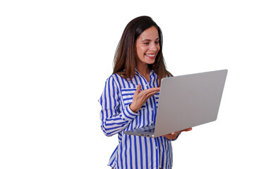 Obraz premium Woman smiling and gesturing during a video call on laptop communicating online, working remotely, transparent background