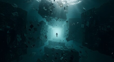 Surreal Underwater Figure Amidst Floating Documents, Tunnel Vision