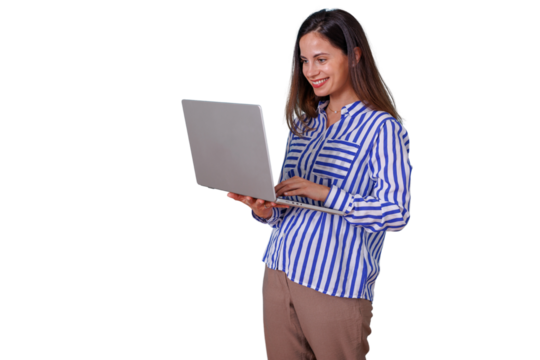 Woman smiling, standing, using laptop for remote work, enjoying flexible modern technology lifestyle