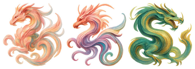 Fototapeta premium PNG Colorful mystical dragon illustrations, element set on transparent background