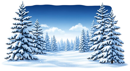 Cartoon winter wonderland with snow-covered evergreen trees on a bright day
