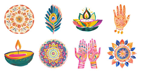 PNG Colorful Indian festival symbols, element set on transparent background