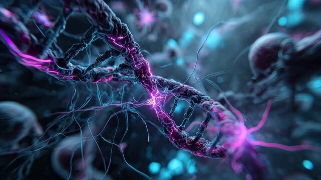 Futuristic 3D DNA Double Helix with Glowing Purple Synapses and Neural Connections in Microscopic View - Powered by Adobe