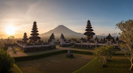 Ancient temple complex at sunrise, mountain backdrop