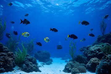 Fototapeta premium Sunlight filters through the turquoise water illuminating a vibrant coral reef ecosystem teeming with colorful fish and thriving plant life on the ocean floor.