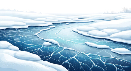 Serene winter landscape with frozen stream and snow-covered banks.