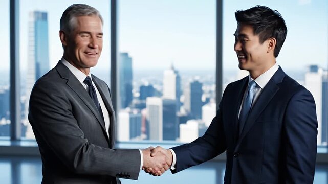 Professional diverse businessmen shake hands in a modern corporate office setting symbolizing successful collaboration agreement and global partnership 