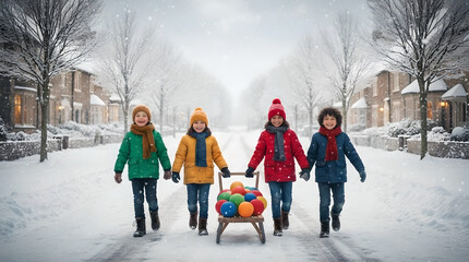 Group of children walking in snow with sled of colorful balls