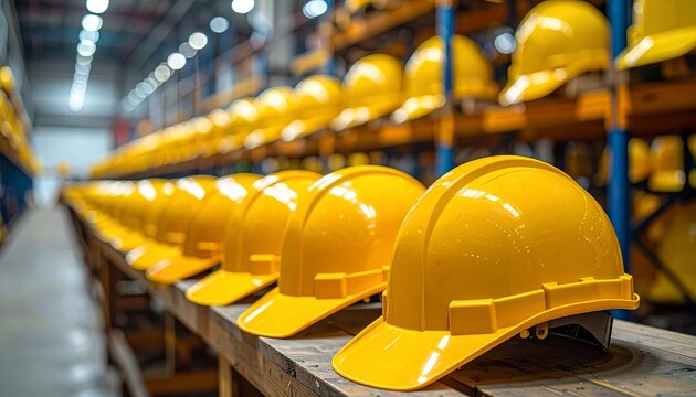 Yellow Helmets on Shelves.