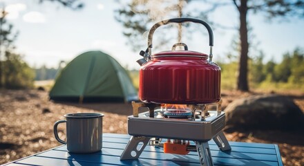 Red kettle boiling on camping stove beside mug and tent in nature  