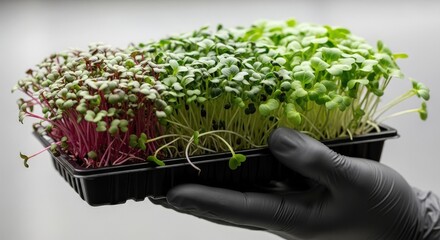 Hand holding tray of microgreens with various colors and textures
