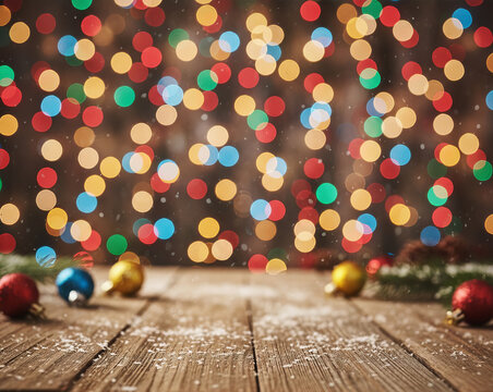 Festive Christmas background with colorful bokeh lights, wooden table surface, snowflakes and holiday ornaments. Bright warm holiday atmosphere. - Powered by Adobe