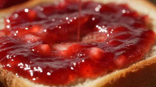 Toast of Freshness: A close-up shot of a slice of toast being generously topped with a vibrant red strawberry jam, oozing with freshness and fruity delight.
