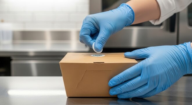 Person sealing takeout box with gloves in modern kitchen environment  