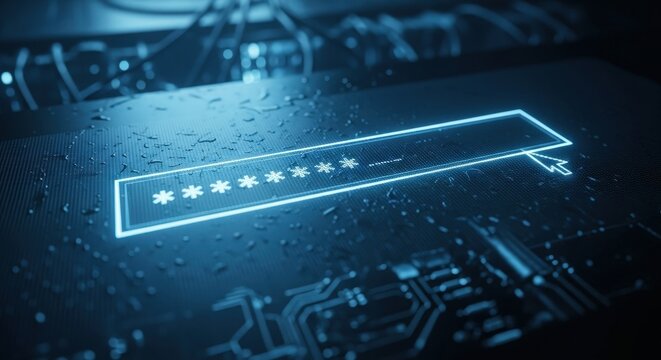 Digital password input screen on a circuit board background  