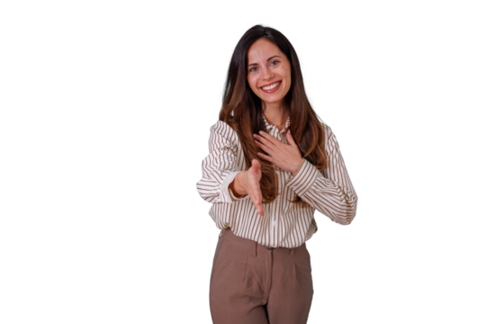 Smiling woman with long hair offering a handshake with open palm, showing welcoming gesture, trust, and business partnership on transparent background - Powered by Adobe