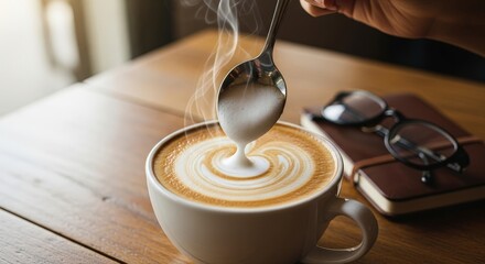 Obraz premium Hand stirring latte art in cup on wooden table with notebook and glasses 
