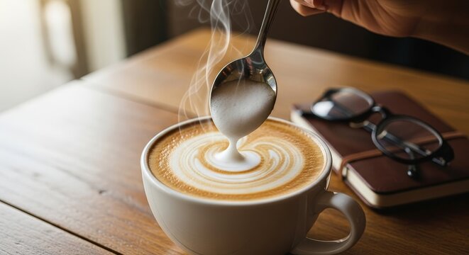 Hand stirring latte art in cup on wooden table with notebook and glasses   - Powered by Adobe