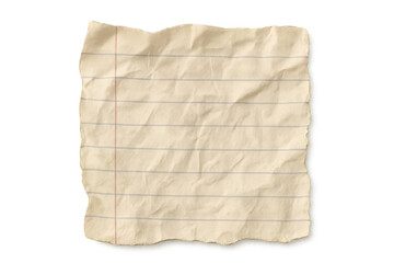 Fototapeta premium Crumpled vintage lined paper texture with torn edges and worn creased surface on transparent background