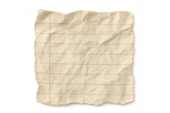 Crumpled vintage lined paper texture with torn edges and worn creased surface on transparent background