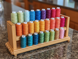 Colorful sewing thread spools on wooden rack in kitchen