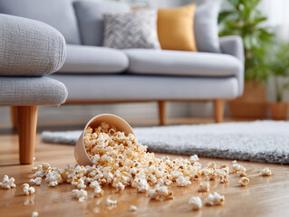 Spilled popcorn on wooden floor in cozy living room