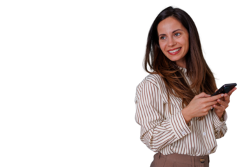 Professional woman smiling, communicating with phone, texting and networking, looking away with happy expression