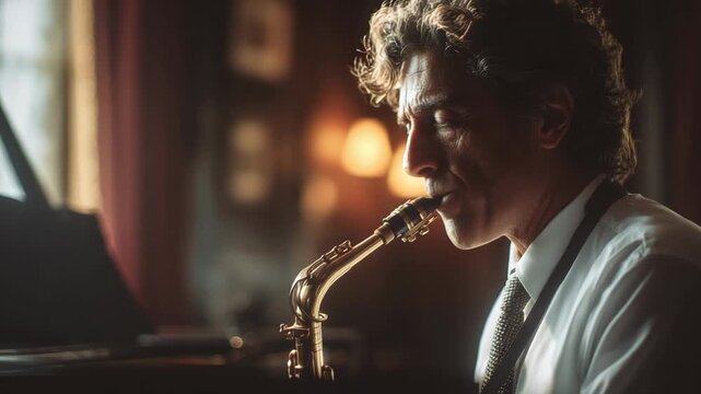 Saxophonist in a dimly lit room, lost in his music