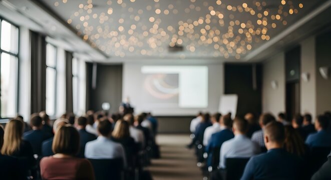 Blurred conference hall with attentive audience listening to a business presentation, soft focus. - Powered by Adobe