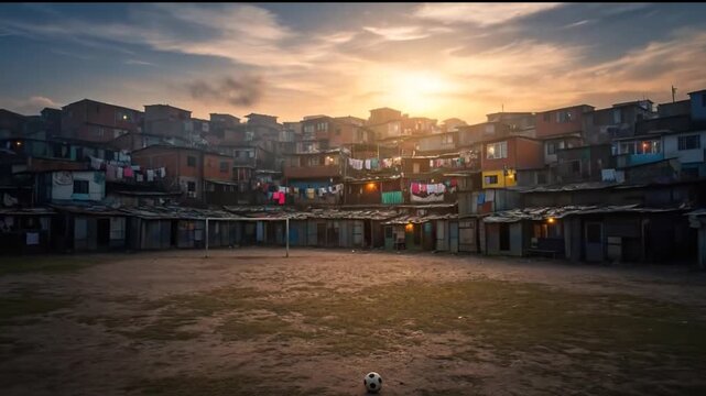 Soccer on a favela field at sunset.