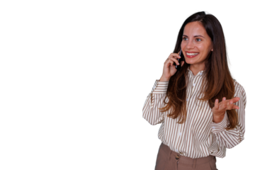 Businesswoman talking on smartphone, smiling and gesturing, communicating on phone call with transparent background