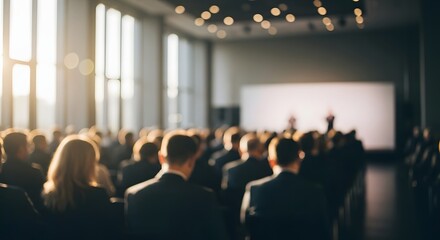Blurred conference attendees facing a speaker, modern event hall, business seminar, learning and growth