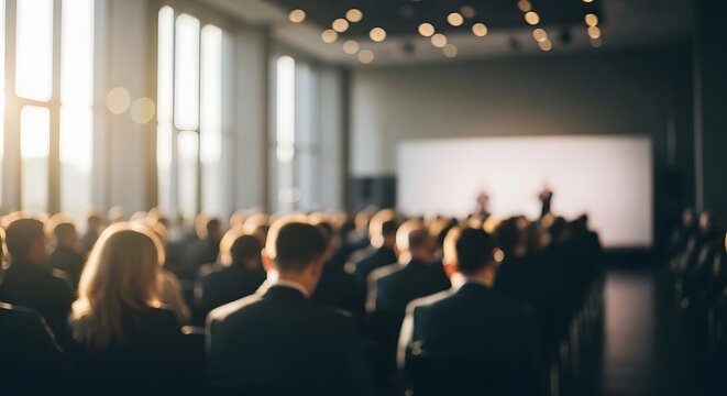 Blurred conference attendees facing a speaker, modern event hall, business seminar, learning and growth