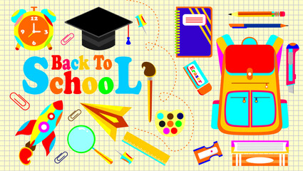 Back to school banner. Library themed set elements. School stationery stickers. Set of education elements. Collection of education school icons. Back to school clipart. Paper notebook background.