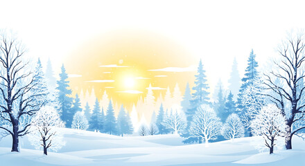Beautiful tranquil winter scene with snow covered trees and golden sunset