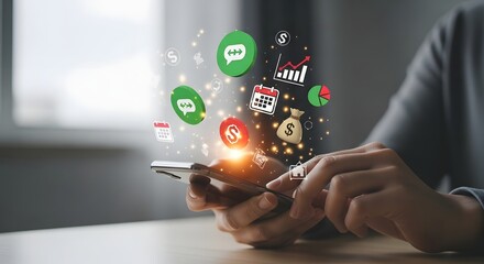 Mobile finance and digital communication concept with floating icons, modern technology, and business growth.