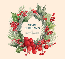 Wishing you a Merry Christmas and a Happy New Year with this delightful Floral Wreath Illustration