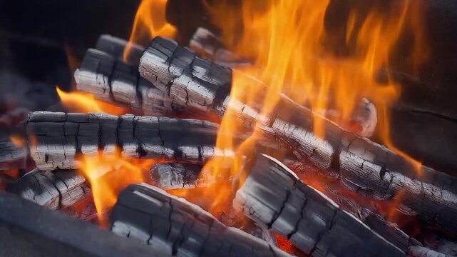 A seamless cinemagraph loop of burning charcoal and fire embers. This hot, glowing, and realistic BBQ background is perfect for cooking, summer, or food concepts.