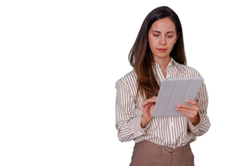 Woman using digital tablet for work, connecting and browsing online, focused professional with transparent background