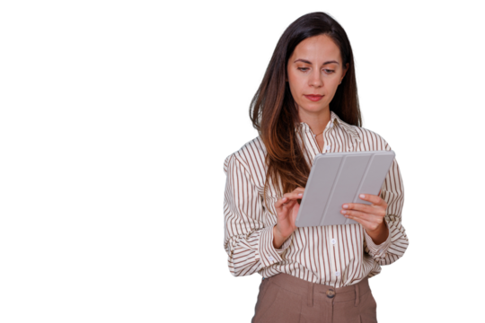 Woman using digital tablet for work, connecting and browsing online, focused professional with transparent background