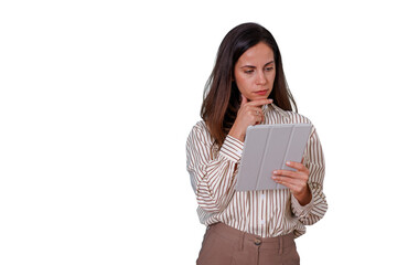 Obraz premium Woman thinking, using device, concentrating on content, planning strategy, solving problems, transparent background