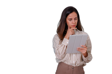 Woman thinking, using device, concentrating on content, planning strategy, solving problems, transparent background