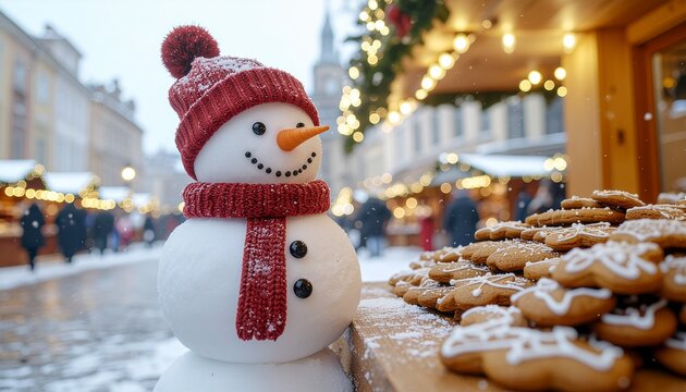 The Gingerbread Stall. A cute smiling snowman wearing a red knit scarf. The snowman is standing on a cobblestone street looking with wonder at a rustic wooden Christmas market stall.
