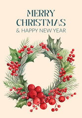 A Beautiful and Festive Christmas Wreath Adorned with Berries and Holly for Holiday Greetings