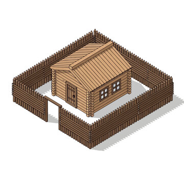 Isometric fortified log cabin with palisade, rural dwelling with defense