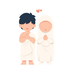 Cute illustration of a Muslim boy and girl wearing ihram clothing