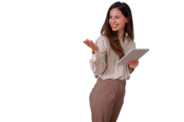 Businesswoman holding tablet and gesturing, presenting information, smiling professional woman explaining a concept, transparent background