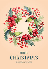 Joyous Merry Christmas Wreath adorned with Berries and Greenery for the festive season