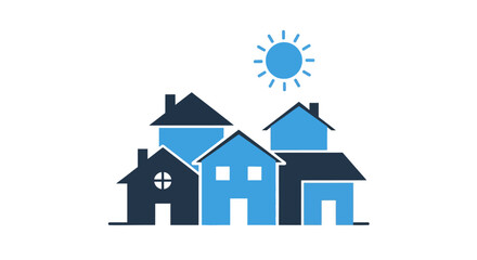 Minimalist blue and black houses with sun on white background