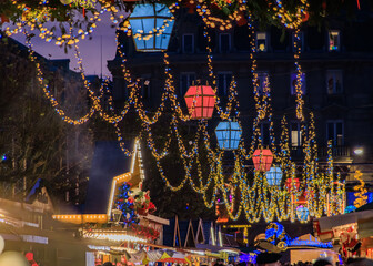 Festively decorated chalet stall at the Strasbourg Christmas Market in France